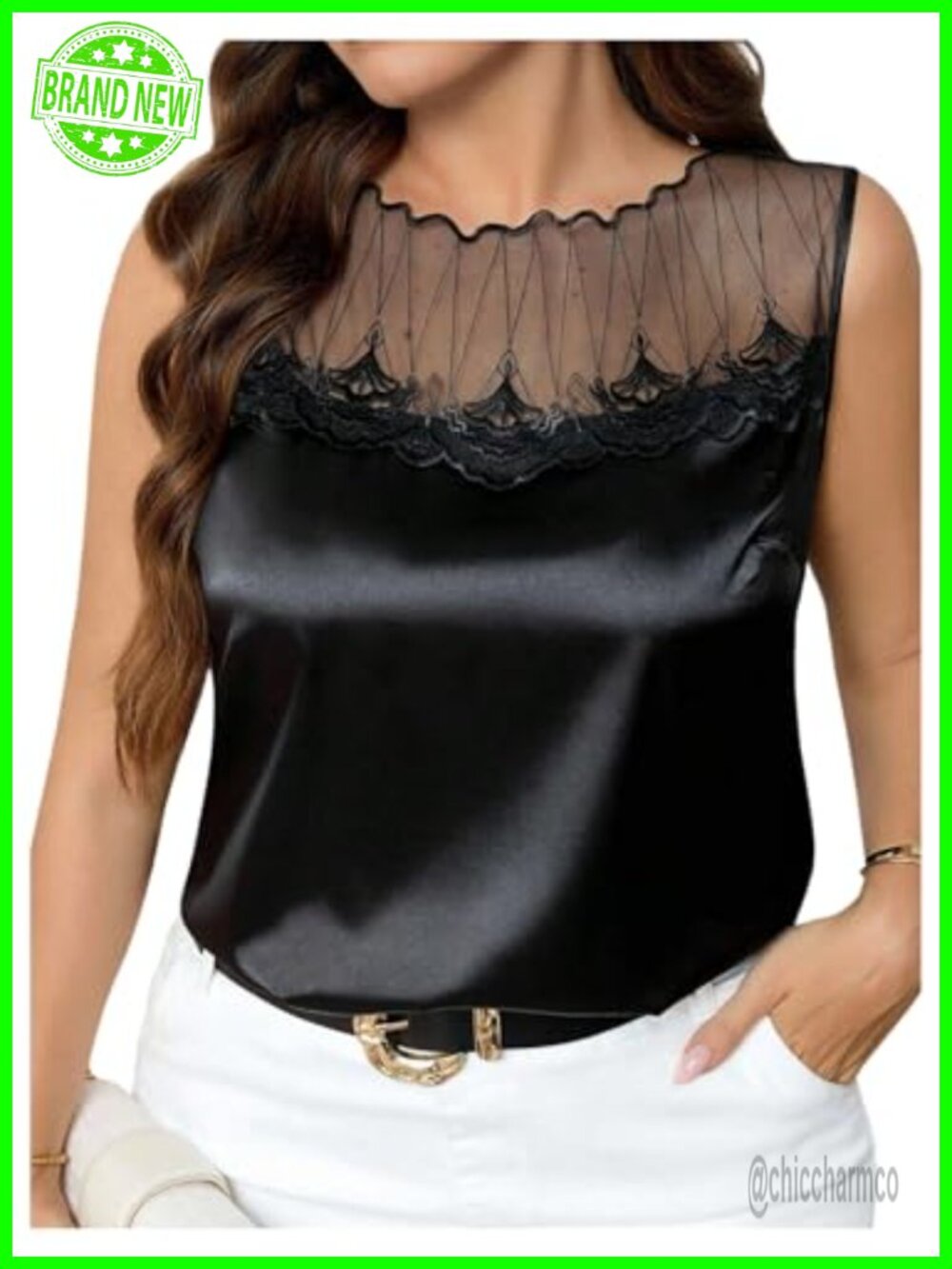 Plus Size Satin Mesh Tank Top Sleeveless Lettuce Trim Crew Neck Blouse